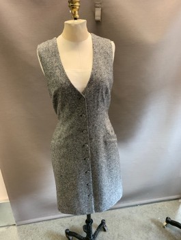 Womens, Dress, Sleeveless, DVF, Black, White, Wool, Rayon, Tweed, 6, V Neck, Button Front, Lace BK, 2 Welt Pockets, Belt Attached at Bk Waist.