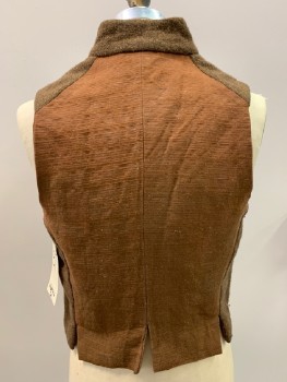 Mens, Historical Fiction Vest, WESTERN COSTUME CO, Brown, Lt Brown, Wool, Cotton, Tweed, 37, 5 Button, Stand Collar, 2 Pockets,