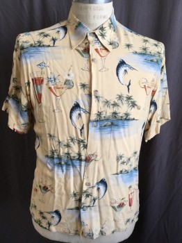 Mens, Hawaiian Shirt, PIERRE CARDIN, Yellow, Blue, Black, Olive Green, Rust Orange, Rayon, Tropical , S, C.A., B.F., 1 Pckt, S/S