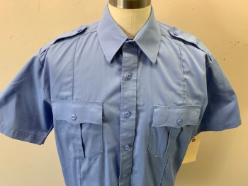LAW PRO, Lt Blue, Poly/Cotton, Solid, Short Sleeves, Button Front, Collar Attached, Epaulets, 2 Pockets,