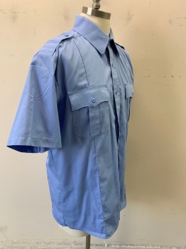 LAW PRO, Lt Blue, Poly/Cotton, Solid, Short Sleeves, Button Front, Collar Attached, Epaulets, 2 Pockets,