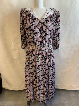 ED MICHAELS, Black, Lt Pink, Green, White, Cotton, Floral, L/S, V-neck With White Crochet Lace Collar, Shirtwaist, Hem Below Knee, **with Matching Belt