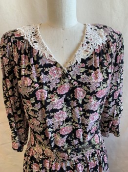 ED MICHAELS, Black, Lt Pink, Green, White, Cotton, Floral, L/S, V-neck With White Crochet Lace Collar, Shirtwaist, Hem Below Knee, **with Matching Belt