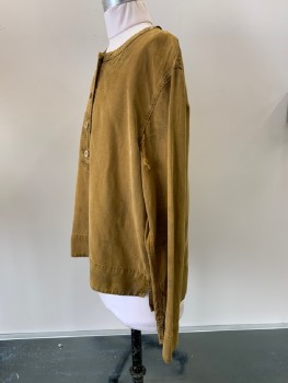 NO LABEL, Caramel Brown, Lyocell, Linen, Solid, L/S, Crew Neck, B.F., Aged And Distressed,