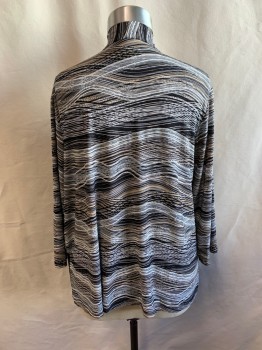 Womens, Sweater, KASPER, Black, Gray, Lt Gray, Beige, White, Polyester, Elastane, Abstract , Textured Fabric, 1X, Shawl Collar, White Stitching All Around, Open Front