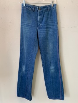 Womens, Jeans, CHARLIE'S ANGELS, Indigo Blue, Red, Orange, Cotton, Solid, 26/34, Button Front, Zip Fly, Medium Wash Straight Leg Flair, Charlie's Angels Logo  Embroidered Patch on Top Back Rt. Waist Band. Small Waist Pocket Top Right Front.