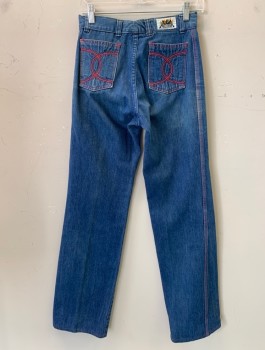 Womens, Jeans, CHARLIE'S ANGELS, Indigo Blue, Red, Orange, Cotton, Solid, 26/34, Button Front, Zip Fly, Medium Wash Straight Leg Flair, Charlie's Angels Logo  Embroidered Patch on Top Back Rt. Waist Band. Small Waist Pocket Top Right Front.