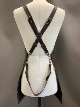 UNDER NY SKY, Dk Brown, Leather, Solid, Suspender Like Straps With Hooks, Several Pockets, Back Strap