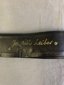 Womens, Belt, JUDITH LEIBER, Black, Gold, Leather, Metallic/Metal, 24-36", Adjustable Leather Slide, Diamond Pattern Buckle, Hooks