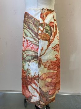 Womens, Skirt, VIVIENNE TAM, Ecru, Red, Burnt Orange, Green, Polyester, Floral, W 25, 0, Side Invisible Zipper That Can Be Unzipped at Hem for Slit, Wrinkled Texture, Lined,