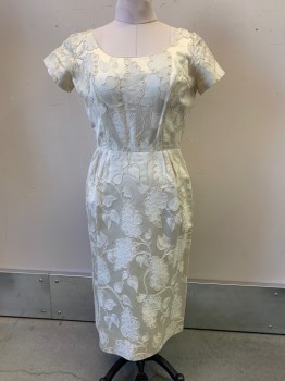 NO LABEL, Pearl White, Ivory White, Polyester, Leaves/Vines , S/S, Scoop Neck, Side Pockets, Mini Back Slit, Button Zipper, Made To Order, Minor Stains