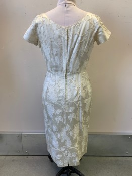 Womens, Evening Gown, NO LABEL, Pearl White, Ivory White, Polyester, Leaves/Vines , W38, B40, H36, S/S, Scoop Neck, Side Pockets, Mini Back Slit, Button Zipper, Made To Order, Minor Stains