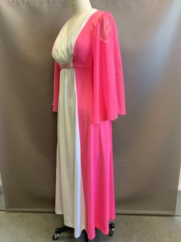 Womens, Evening Gown, NO LABEL, Bubble Gum Pink, White, Polyester, Color Blocking, W30, B36, Sheer Sleeves, V Neck, Crossover, Pink Metal Broach, Back Zipper,