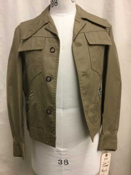 Mens, Jacket, Merns, Taupe, Cotton, Solid, 38, Button Front, Collar Attached, 2 Flap Pockets & 2 Zip Pockets with Round Metal Pull *Barcode Inside Left Side Placket Interfacing*