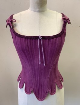PERIOD CORSETS, Lavender Purple, Cotton, Solid, Twill, Purple Crochet Lace Trim, 2" Wide Straps That Tie In Front, Boned, Tabs At Waist, Lace Up In Back, Made To Order, **Has Shoulder Burn