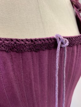PERIOD CORSETS, Lavender Purple, Cotton, Solid, Twill, Purple Crochet Lace Trim, 2" Wide Straps That Tie In Front, Boned, Tabs At Waist, Lace Up In Back, Made To Order, **Has Shoulder Burn