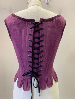Womens, Historical Fiction Corset, PERIOD CORSETS, Lavender Purple, Cotton, Solid, W23-26, M, Twill, Purple Crochet Lace Trim, 2" Wide Straps That Tie In Front, Boned, Tabs At Waist, Lace Up In Back, Made To Order, **Has Shoulder Burn