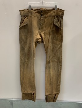 JAS TOWNSEND, Tan Brown, Cotton, Solid, Wide Waist Band, F.F, Button Front, Suspender Buttons, 2 Pockets, Missinf 2 Buttons On Pockets & 1 On Fly, Lacing At Back Waist, Aged/Distressed, Patched