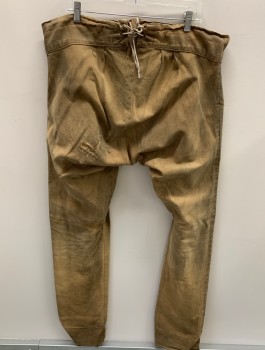 Mens, Historical Fiction Pants, JAS TOWNSEND, Tan Brown, Cotton, Solid, OPEN, 40, Wide Waist Band, F.F, Button Front, Suspender Buttons, 2 Pockets, Missinf 2 Buttons On Pockets & 1 On Fly, Lacing At Back Waist, Aged/Distressed, Patched