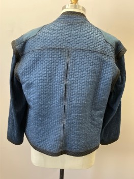 Mens, Jacket, MAIRI CHISHOLM, Navy Blue, Iridescent Blue, Black, Slate Blue, Synthetic, Cotton, Color Blocking, Textured Fabric, C;48, XL , Diamond Print Band Around Neckline/ Down Front/ Around Armholes/ Along Hem & Cuffs, Open Front, Multiple Panels Of Color Blocking, 6 Vents Down CB, L/S