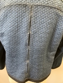 Mens, Jacket, MAIRI CHISHOLM, Navy Blue, Iridescent Blue, Black, Slate Blue, Synthetic, Cotton, Color Blocking, Textured Fabric, C;48, XL , Diamond Print Band Around Neckline/ Down Front/ Around Armholes/ Along Hem & Cuffs, Open Front, Multiple Panels Of Color Blocking, 6 Vents Down CB, L/S
