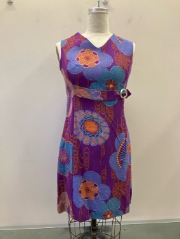 N/L, Purple/Blue/Orange/Teal Wool Floral, V-N, Slvls, Back Zip, Attached Belt And Silver Buckle Detail Front Waist