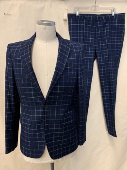 Mens, Suit, Jacket, TOPMAN, Navy Blue, Mint Green, Blue, Polyester, Viscose, Grid , 42R, Single Button, Single Breasted, Peaked Lapel, 3 Pockets