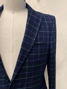 TOPMAN, Navy Blue, Mint Green, Blue, Polyester, Viscose, Grid , Single Button, Single Breasted, Peaked Lapel, 3 Pockets