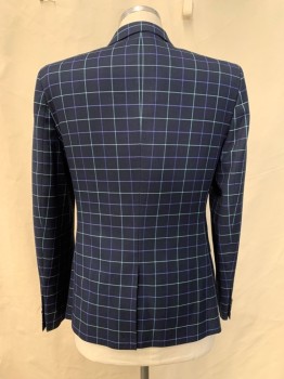 Mens, Suit, Jacket, TOPMAN, Navy Blue, Mint Green, Blue, Polyester, Viscose, Grid , 42R, Single Button, Single Breasted, Peaked Lapel, 3 Pockets