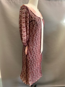 Meena, Red Burgundy, Baby Pink, Polyester, Silk, Floral, L/S, Scoop Neck, Collar Attached with Bow, Snap Button Front, Side Pockets, Full Lace