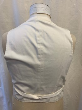 Mens, Vest 1890s-1910s, FOX444, Off White, Poly/Cotton, 44, Pique Self Pattern, Shawl Lapel, Single Breasted, Button Front, 4 Plastic Buttons, 2 Pockets, Belted Back (Missing Buckle)