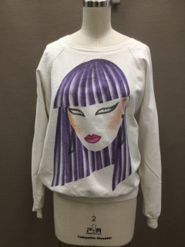 Womens, Sweatshirt, N/L, White, Purple, Black, Cotton, Human Figure, S, 1980's Graphic Of A Girls Face with Purple Hair, Raglan L/S, Ribbed Knit Crew Neck/Cuff/Waistband