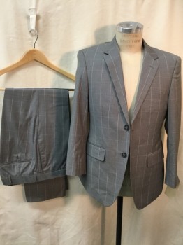 Mens, Suit, Jacket, ANGELO ROSSI, Heather Gray, White, Polyester, Rayon, Check , 38 S, 2 Buttons,  3 Pockets,