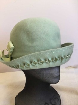 Womens, Hat, DOREE OF NEW YORK, Mint Green, Lt Green, Wool, Solid, Ladies Derby, Soft Structure, Open Work Brim, Rolled Grosgrain Ribbon Detail