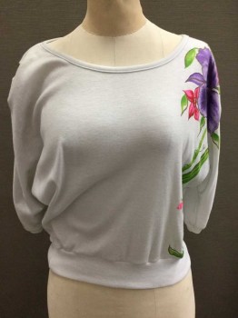 Womens, T-Shirt, G. PELLINI, White, Lavender Purple, Pink, Green, Polyester, Cotton, Floral, Solid, S, Jersey, 3/4 Dolman Sleeve, Round Neck,  Floral/Leaf Print On One Side,