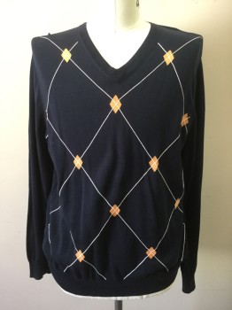 Mens, Pullover Sweater, FAIRWAY & GREEN, Navy Blue, Apricot Orange, White, Cotton, Argyle, L, V-N, L/S, Ribbed Knit Collar/Cuff/Waistband
