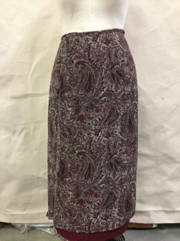 CHARTER CLUB, Red Burgundy, Plum Purple, Cream, Polyester, Paisley/Swirls, Mottled, Sheer Crepe, Lined, Straight, Side Zipper, Ankle Length, Barcode on LEFT Hip By Zipper