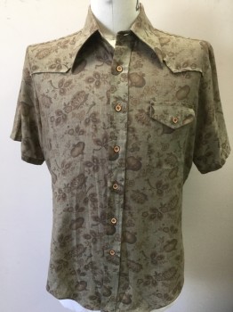 Mens, Western Shirt, HANS OFF, Lt Olive Grn, Dk Brown, Lt Brown, Polyester, Cotton, L, Floral & Onion Print, Large Collar Attached, Yoke, 1 Pocket with Flap, Short Sleeves, Button Front,
