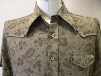 Mens, Western Shirt, HANS OFF, Lt Olive Grn, Dk Brown, Lt Brown, Polyester, Cotton, L, Floral & Onion Print, Large Collar Attached, Yoke, 1 Pocket with Flap, Short Sleeves, Button Front,