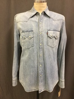 LEVI'S, Lt Blue, Cotton, Heathered, Faded Denim, Western, Snap Front, 2 Double Point Snap Flap Pocket, Snap Cuffs