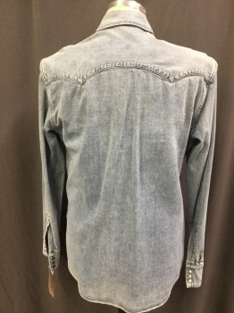 LEVI'S, Lt Blue, Cotton, Heathered, Faded Denim, Western, Snap Front, 2 Double Point Snap Flap Pocket, Snap Cuffs