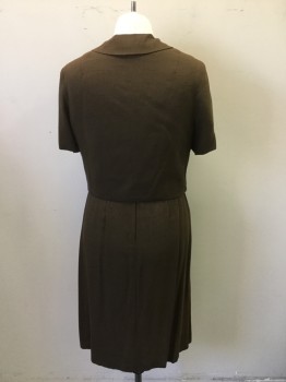 Womens, 1960s Vintage, Dress, BRIE ORIGINALS, Lt Blue, Brown, Rayon, Solid, W30, B40, Light Blue Bodice with Brown Skirt Lower, Crew Neck, Sleeveless. Zipper Center Back. Brown Stain at Center Front, & Pit Stains on Both Armholes