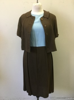 BRIE ORIGINALS, Lt Blue, Brown, Rayon, Solid, Light Blue Bodice with Brown Skirt Lower, Crew Neck, Sleeveless. Zipper Center Back. Brown Stain at Center Front, & Pit Stains on Both Armholes