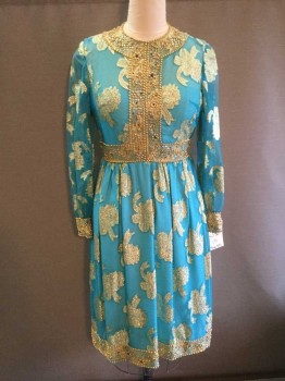 NO LABEL, Turquoise Blue, Gold, Synthetic, Novelty Pattern, Gold Beads, Rhinestones, Gold Netting, Long Sleeves, Back Center Zip, Gold Lame Novelty Print