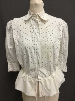 N/L MTO, Antique White, Dk Brown, Cotton, Polka Dots, 3/4 Sleeves, Hidden Snap Front, Peter Pan Collar, Gathered At Shoulder and Cuff, 1 Pocket, Inverted Pleats From Shoulder, Drawstring Waist with Added Peplum