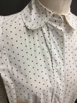 N/L MTO, Antique White, Dk Brown, Cotton, Polka Dots, 3/4 Sleeves, Hidden Snap Front, Peter Pan Collar, Gathered At Shoulder and Cuff, 1 Pocket, Inverted Pleats From Shoulder, Drawstring Waist with Added Peplum