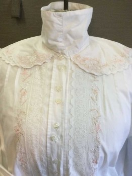 MTO, White, Pink, Peach Orange, Polyester, Cotton, Solid, Floral, White with Snap Collar Attached, Vertical White Lace & White,peach,pink Floral Embroidery Front Center and  Small Capelet, Button Front, Long Sleeves,