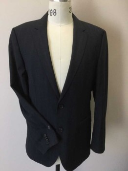 Mens, Suit, Jacket, BOSS, Charcoal Gray, Heather Gray, Blue, Viscose, Acetate, Plaid, Heathered, 34, 40R, 30, Charcoal/heather Gray, Faint Blue Plaid with Diagonal Dark Gray Lining, Notched Lapel W/hand Stitches on Rim, Single Breasted, 2 Button Front, 3 Pockets, Long Sleeves, with Matching Pants