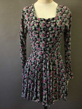 Contempo, Black, Mauve Purple, Pink, Green, Brown, Rayon, Floral, Button Front, Pleated Skirt, Long Sleeves,