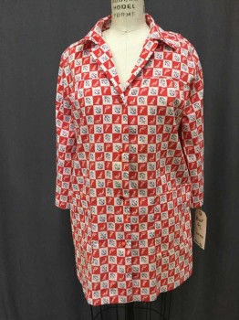 NO LABEL, Red, White, Navy Blue, Cotton, Check , Nautical Theme Pattern, Collar Attached,  Button Front, 3/4 Sleeve, Gathered At Yoke, 2 Pocket